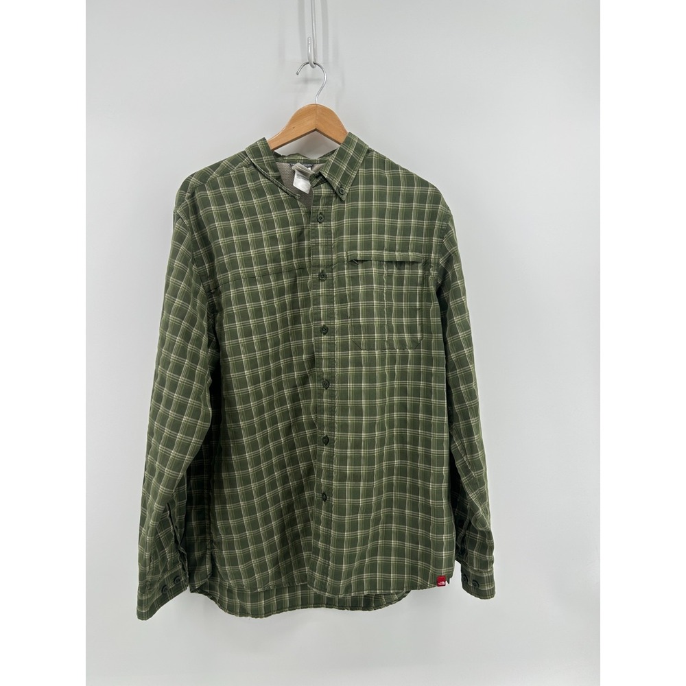 The North Face Button Down Shirt Mens Green Plaid Long Sleeve Collared Large